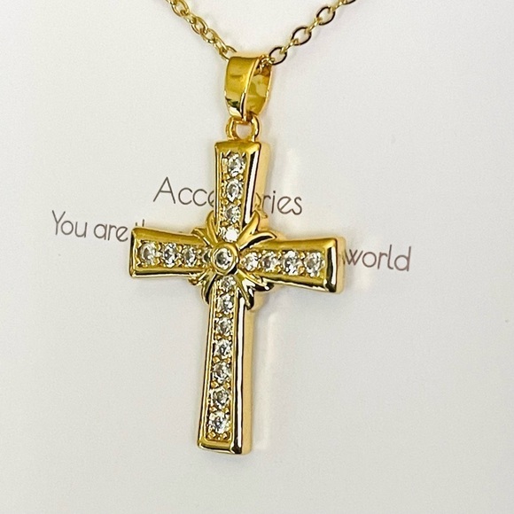 14k Gold plated Stainless steel Cross Necklace CZ - Picture 2 of 4